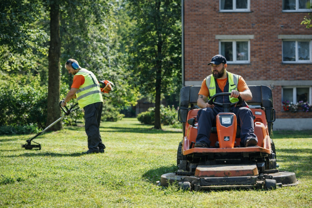 Töötajad hooldavad muru päikesepaiste all